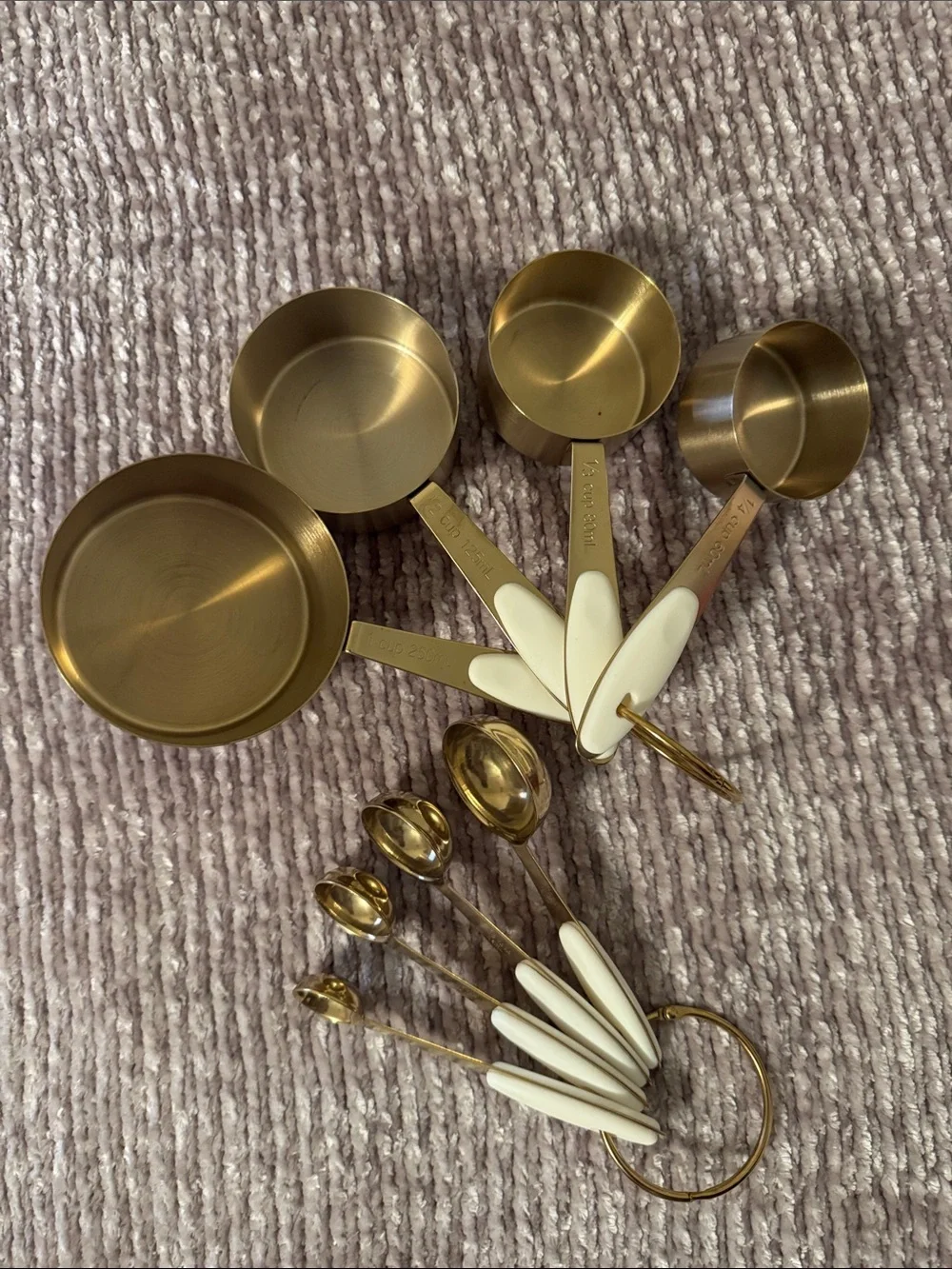 Gold Measuring Cup and Spoon Set with White Handles